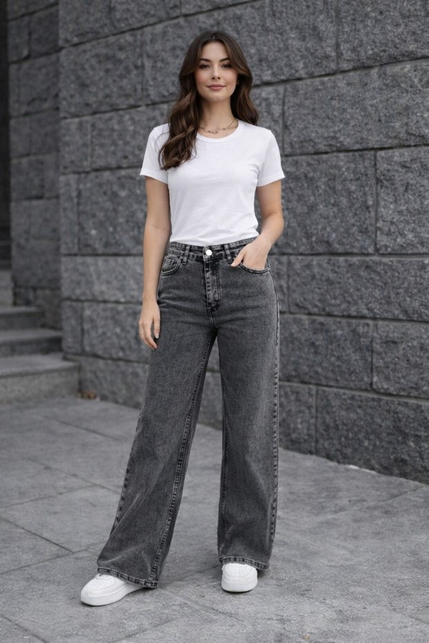 Smoked Snow Washed Palazzo Jean High Waist Wide Leg Women's Trousers