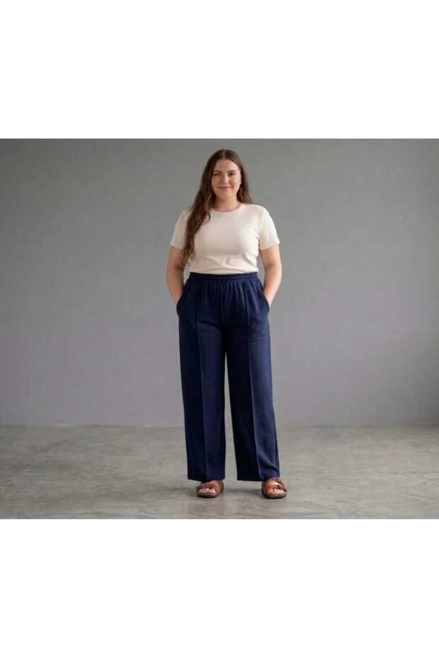 Women's Large Size Crepe Fabric Elastic Waist Pocketed Lycra Wide Leg Pants