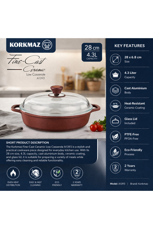 Korkmaz Fine-Cast Ceramic Low Casserole 28 cm with Glass Lid, 4.3L, Heat-Resistant Ceramic Coating