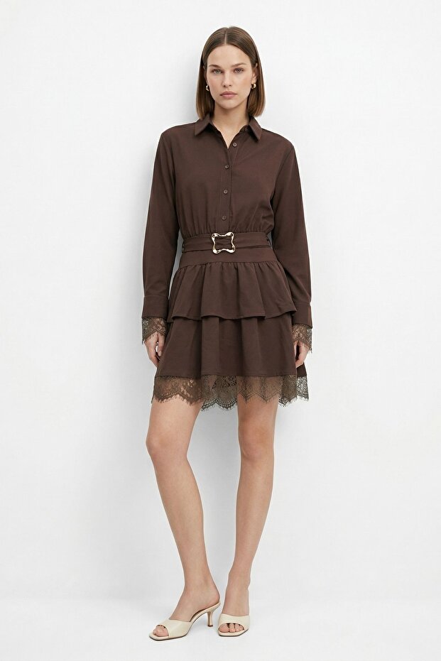 Coffee Buttoned Layered Dress 2817 - 3