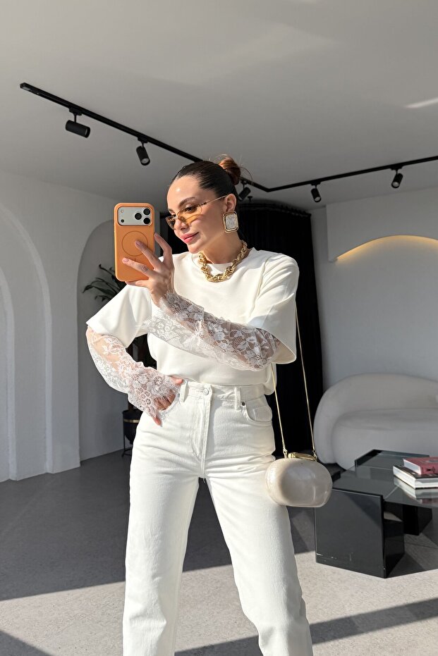 Hervix White Lace Sleeve Tshirt