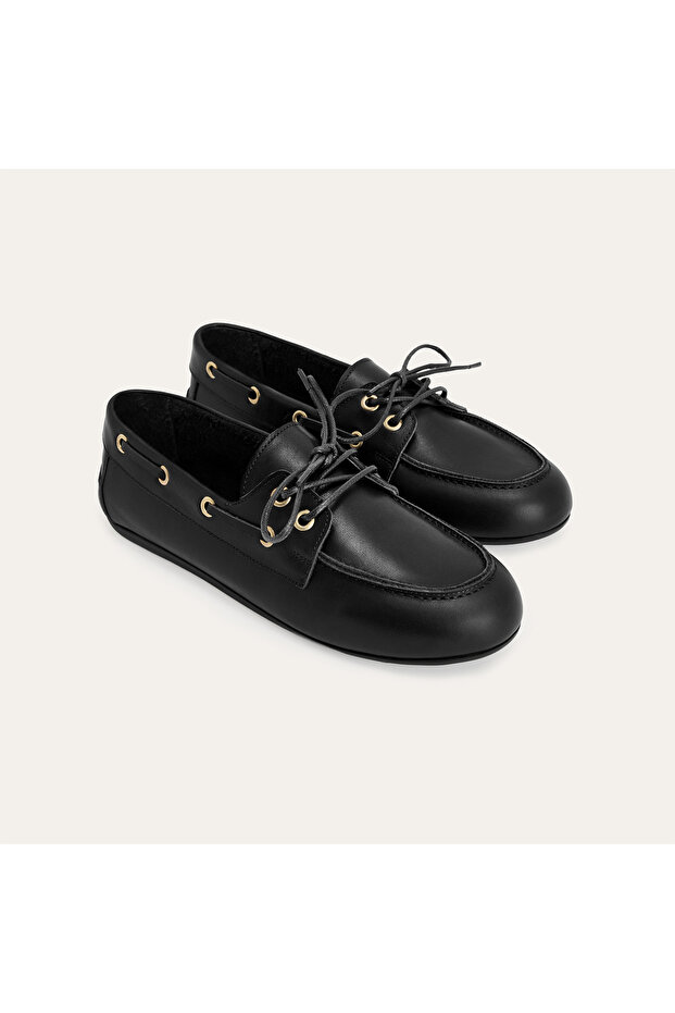 Women's Black Leather Boat Shoes