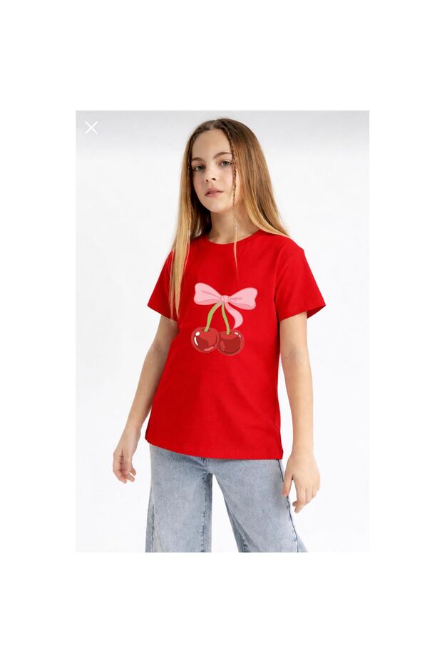 Ribbon Cherry Printed 100% Cotton Crew Neck Kids Unisex T-Shirt 5 6 -7 8-9 10 -11 12 Years Old