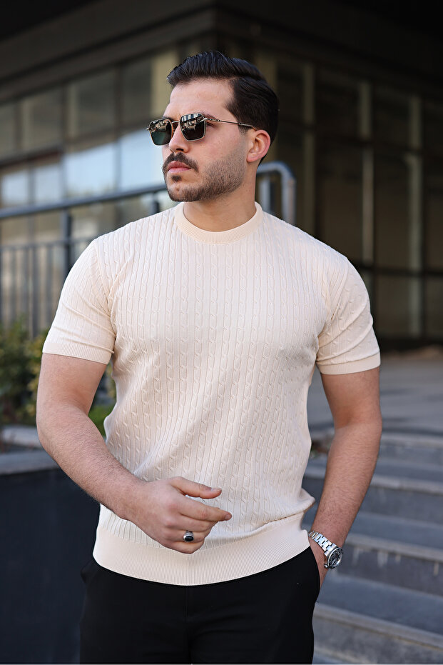 Men's Premium Striped Summer Cream Slim Fit Knitwear T-Shirt