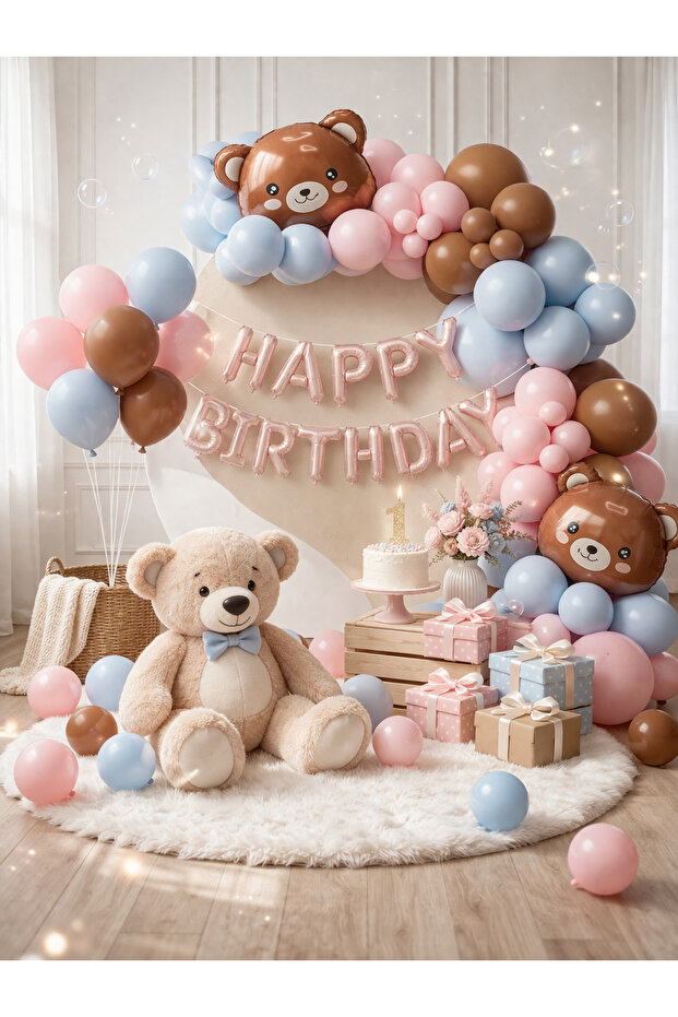 Happy Birthday Balloon Set with Teddy Bear Pink Blue Brown Concept – Complete Set of Birthday Decorations