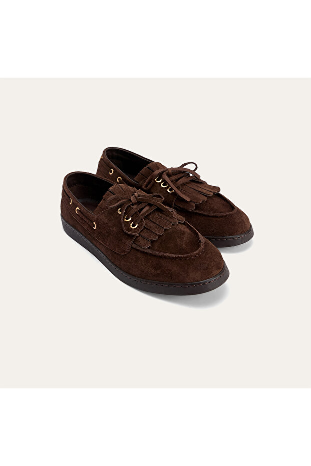 Women's Brown Suede Textured Leather Boat Shoes