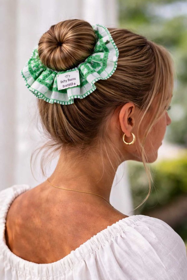Betty Bands Green Lace Scrunchie Hair Tie – Stylish Voluminous Hair Band for Everyday Use
