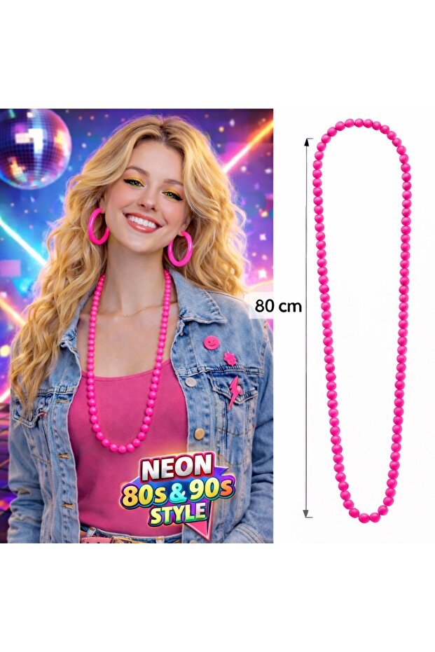 Neon Pink Bead Necklace 80 cm – Retro 80S 90S Party Accessory