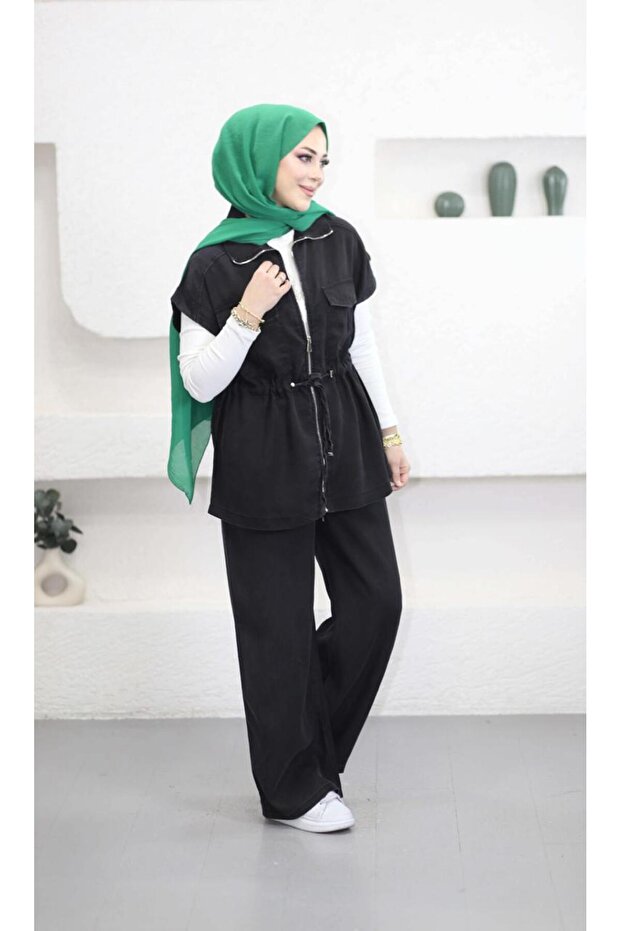 6109 - Comfortable Casual Thin Denim Fabric Waist Drawstring Detailed Women's Long Vest and Pants Set