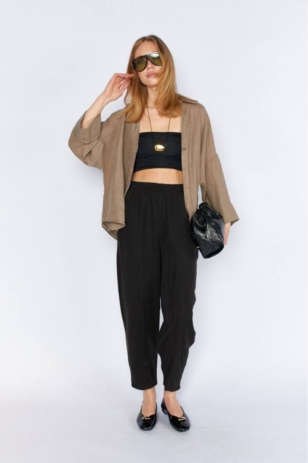 Women's Black Trousers Women's Tencel Trousers66-10061 Front Stitched Cut Tencel Trousers