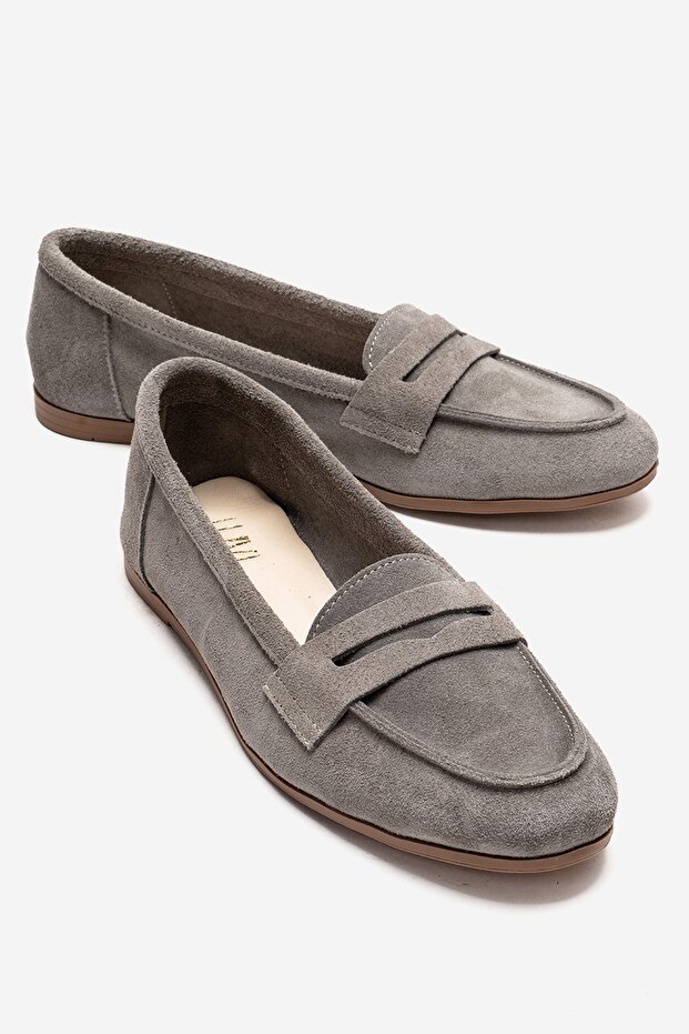 F02 Light Gray Suede Genuine Leather Women's Loafer Shoes