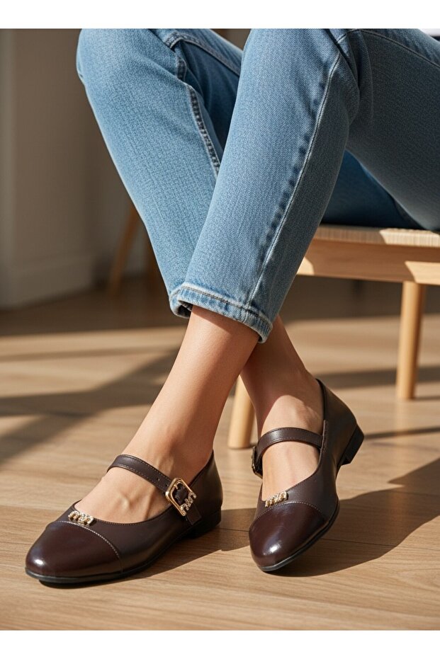 Round Toe Mui̇ Model Belted Matte and Shiny Mixed Women's Ballet Shoes