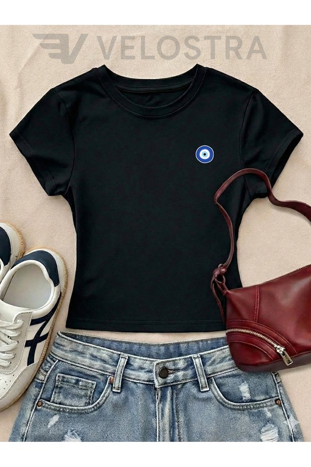 Women's Minimal Evil Eye Bead Printed Basic Daily Use Crop T-Shirt