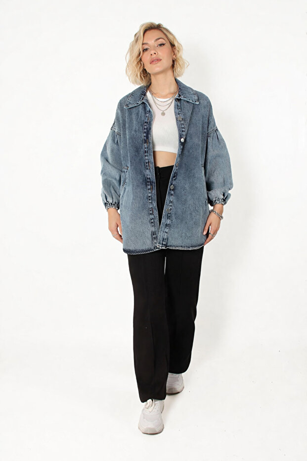 Women's balloon sleeve metal buttoned sleeve elasticated pocketed denim jacket 0662