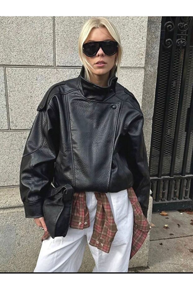 Viral Oversized Women's Leather Jacket High Collar Black Urban Style Women's Leather Jacket