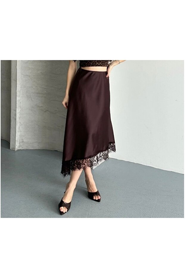 Satin Asymmetrical Skirt with Lace Detail