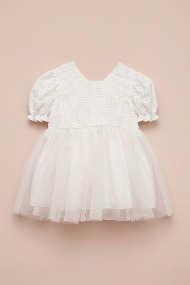 White Tulle Skirted Dress with Lace Detail for Girls - Nora