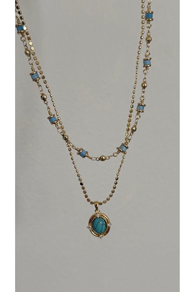 Turquoise Necklace with Crushed Flakes and Enamel Pendant Set Double Necklace