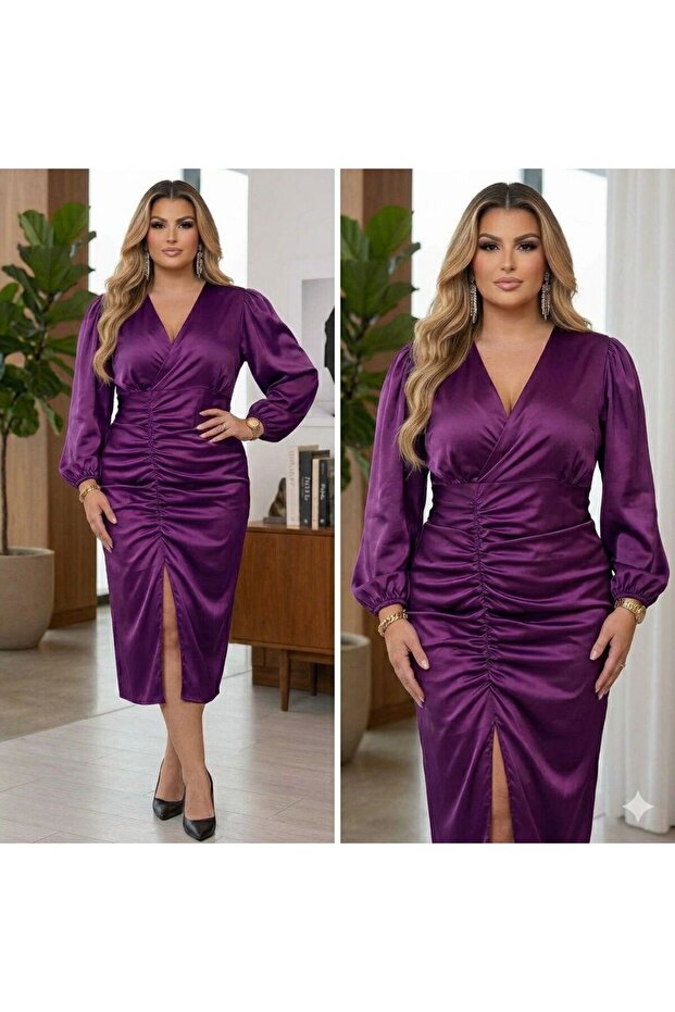 Long Sleeve Slit Satin Dress