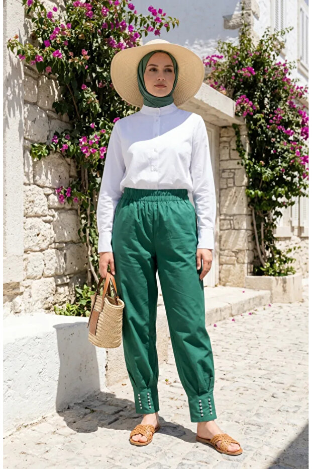 Elastic Waistband Stoned Trousers 71101-05 Green