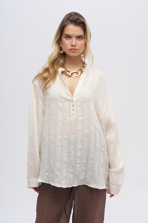 Women's Striped Judge V-Neck Buttoned Oversize Blouse - Shirt