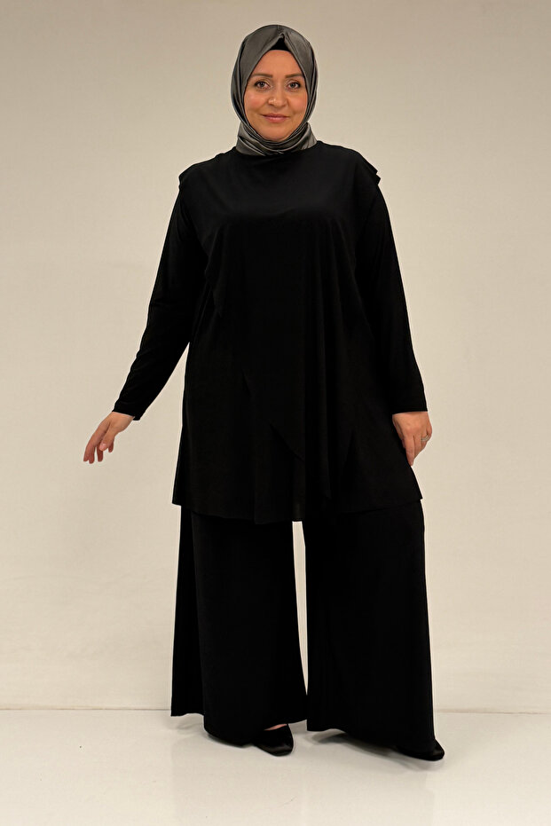 67004 Plus Size Sandy Pants Suit with Cape Detail on the Front and Back - Black
