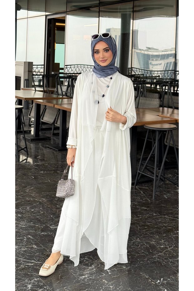 Pera Women's Chiffon Detailed Triple Set: Sleeveless Undershirt, Baggy Pants, and Long Outer Coat Set - White