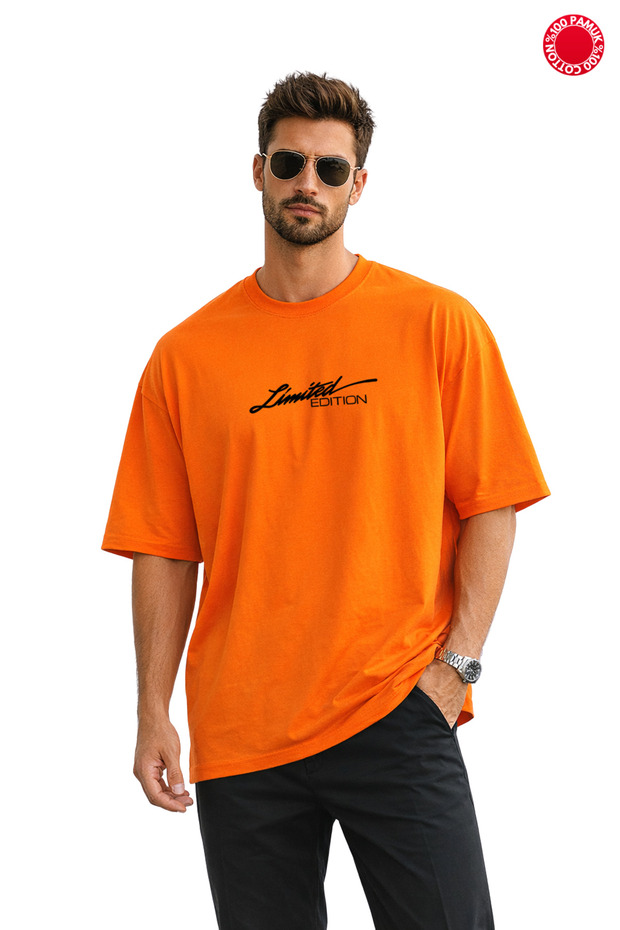 Orange Oversize T-Shirt Unisex 100% Cotton Lmtdedton Written Minimal Printed Loose Streetwear T-Shirt