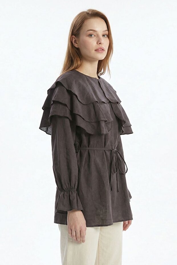 Coffee Drawstring Balloon Sleeve Layered Blouse 0062 - 1