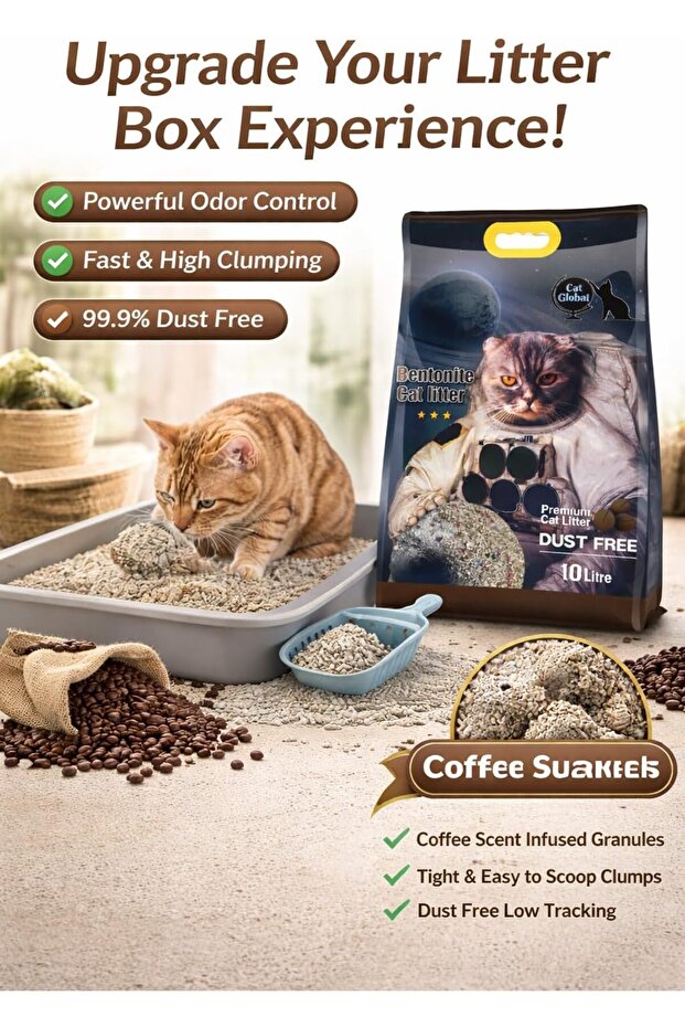 Cat Litter Bentonite 10L | Coffee Scented Litter, Premium Cat Litter, Dust Free & Clumping Litter |