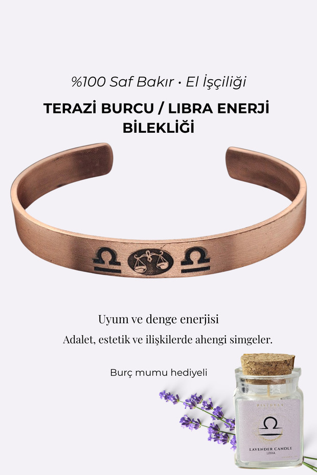 Libra Zodiac Energy Bracelet - 100% Pure Copper Handcrafted, for Women & Men, with Lavender Candle Gift