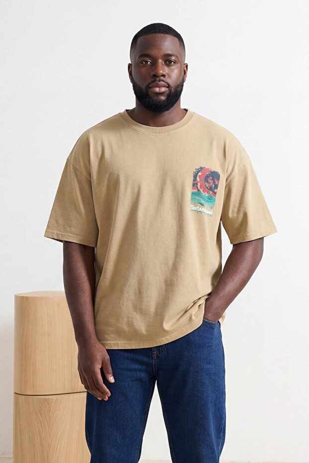 Büyük Beden Vizon Örme Oversize/Geniş Kesim Eskitme/Soluk Efektli %100 Pamuk T-shirt TMNSS25BF00016 - 2