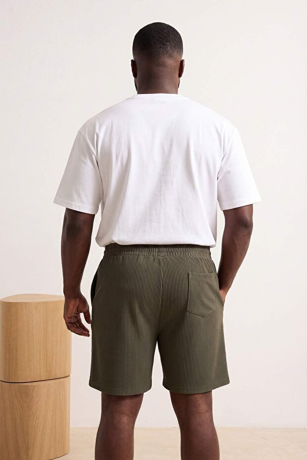 Haki Oversize/Geniş Kesim Dokulu Kırışmaz Ottoman Şort TMNSS25AP00001 - 2