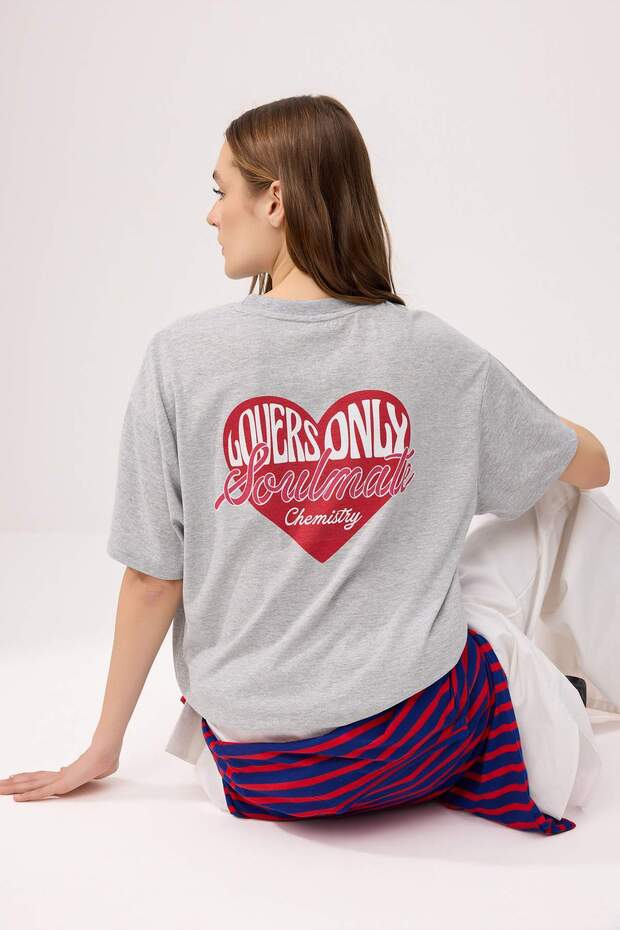 Gray Melange Printed Oversized Crew Neck Short Long Tok 100% Cotton Knitted T-Shirt Twoss26Ts00210