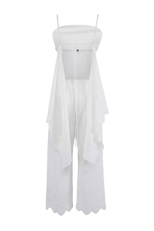 White Woven Embroidered Beach Capri Pants Blouse Set Tbess26Au00045 - 6