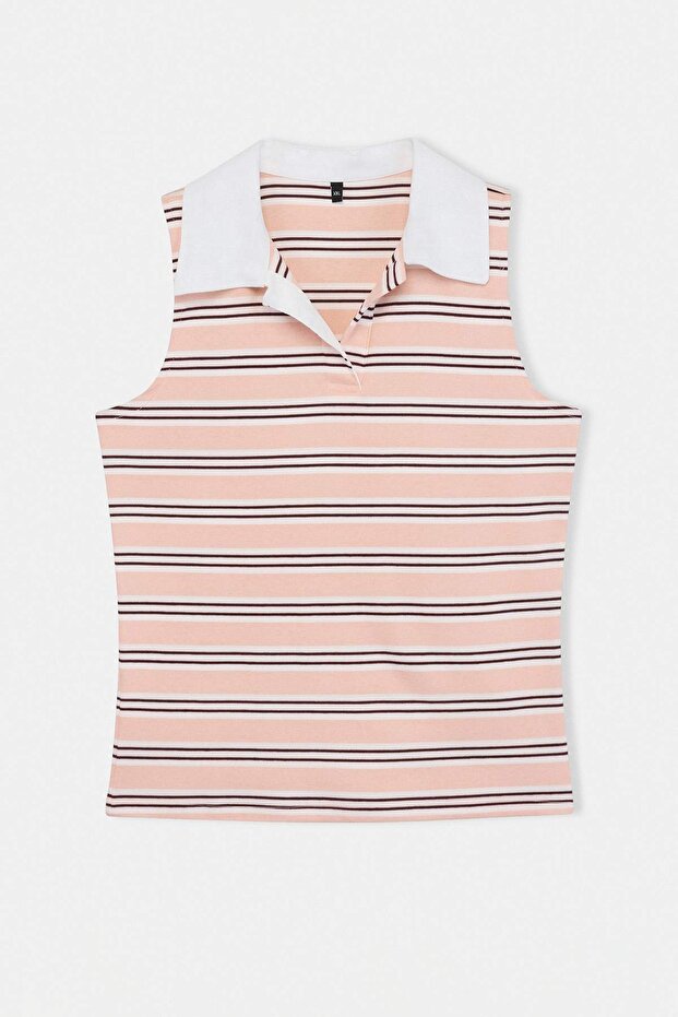 Pembe Polo Yaka Çizgili Kolsuz Örme Büyük Beden Bluz TBBSS26AF00122 - 4