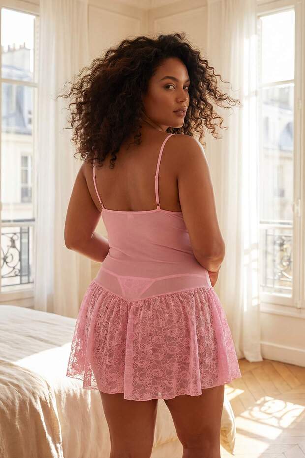 Pembe Dantelli Düğmeli Askılı Kapsız Külotlu Babydoll/Fantezi Gecelik TBBSS26DH00006 - 4