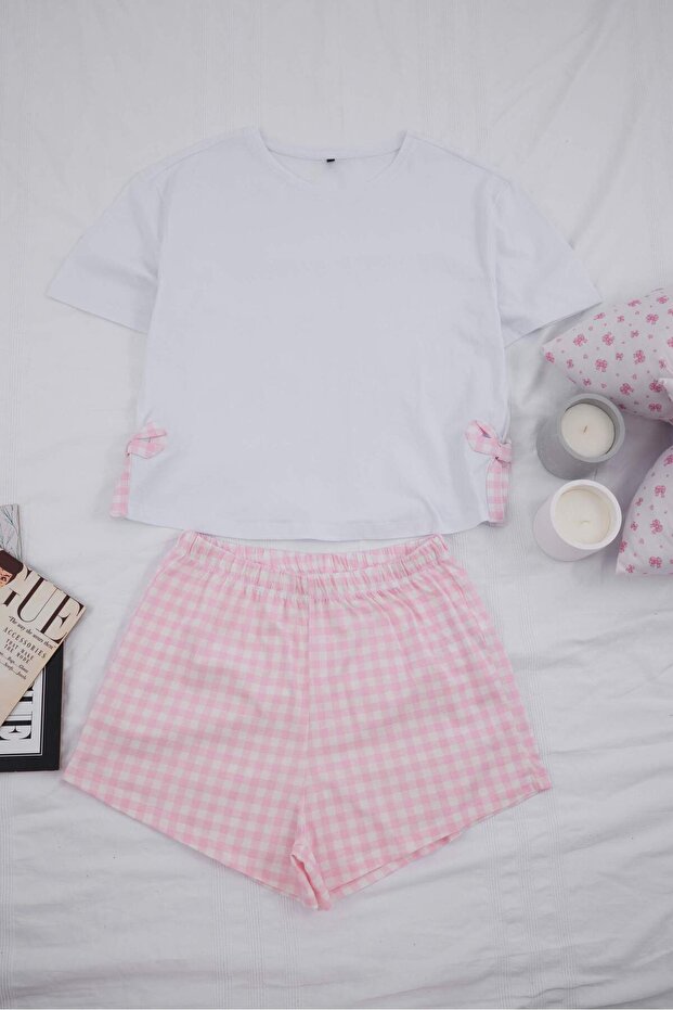 Beyaz-Pembe %100 Pamuklu Ekose Desenli Kurdele Detaylı Örme Pijama Takımı THMSS26PT00099 - 5