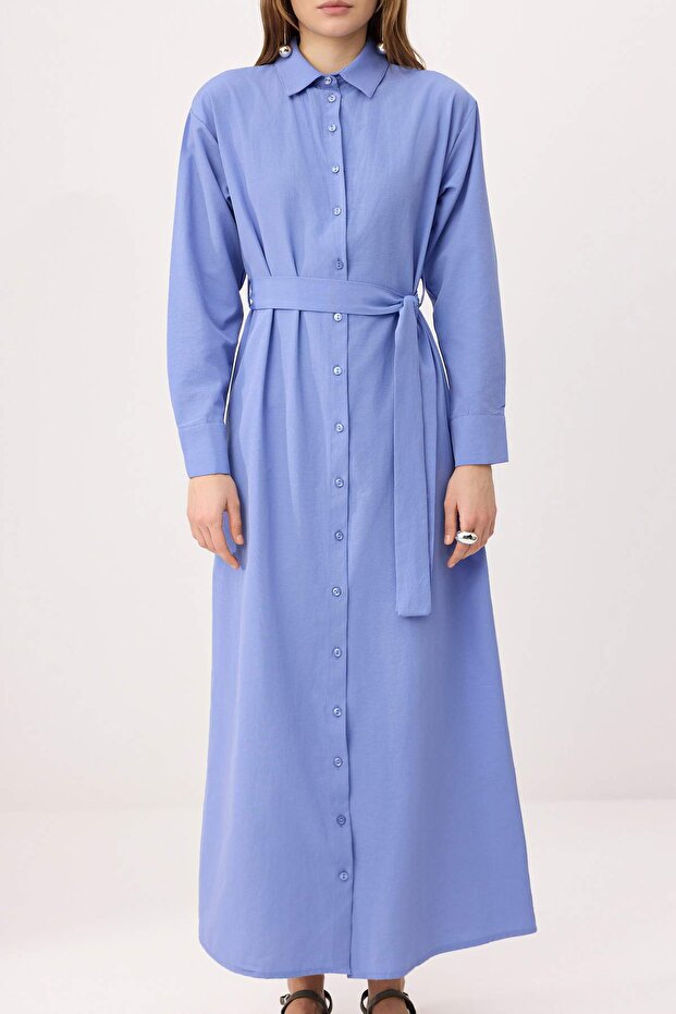 Mavi Kuşaklı Astarsız Düz Dokuma Elbise&Tulum Terrycotton Tesettür Elbise TCTSS23EB00072 - 3