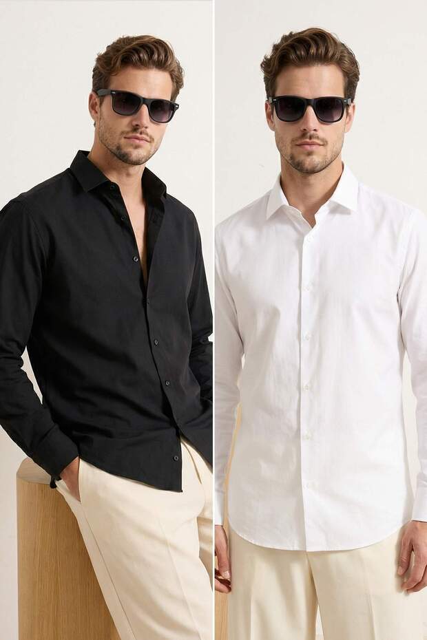 Siyah-Beyaz 2'li Takım Slim Fit Oxford Kolay Ütülenebilir Nefes Alan Erkek Gömlek TMNSS26GO00001 - 1