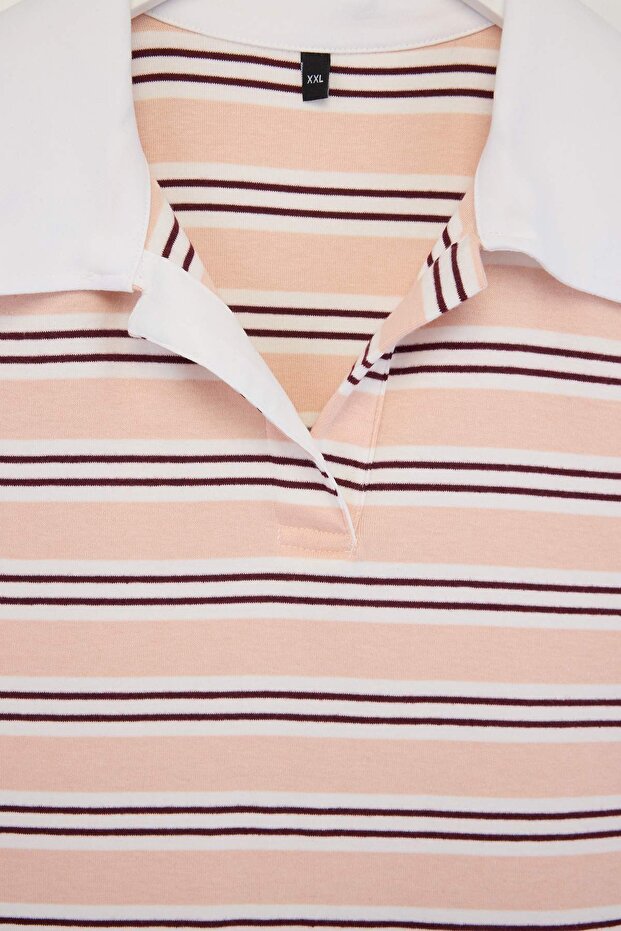 Pembe Polo Yaka Çizgili Kolsuz Örme Büyük Beden Bluz TBBSS26AF00122 - 5