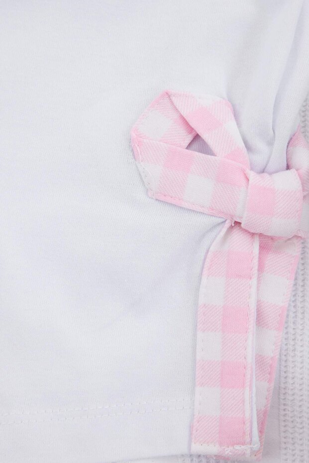 Beyaz-Pembe %100 Pamuklu Ekose Desenli Kurdele Detaylı Örme Pijama Takımı THMSS26PT00099 - 6