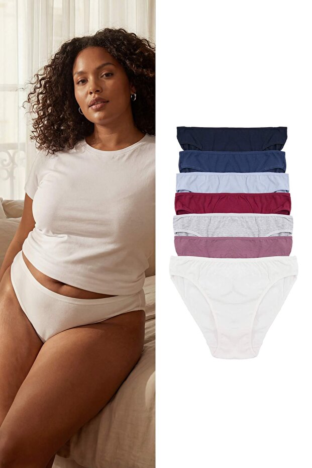 Mavi-Çok Renkli 7'li Paket Pamuklu Klasik Örme Büyük Beden Külot TBBSS26CM00009