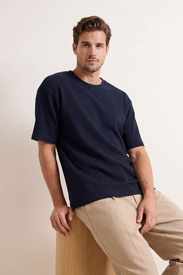 Navy Blue Off-Shoulder Regular Fit Textured T-Shirt Tmnss26Ts00005