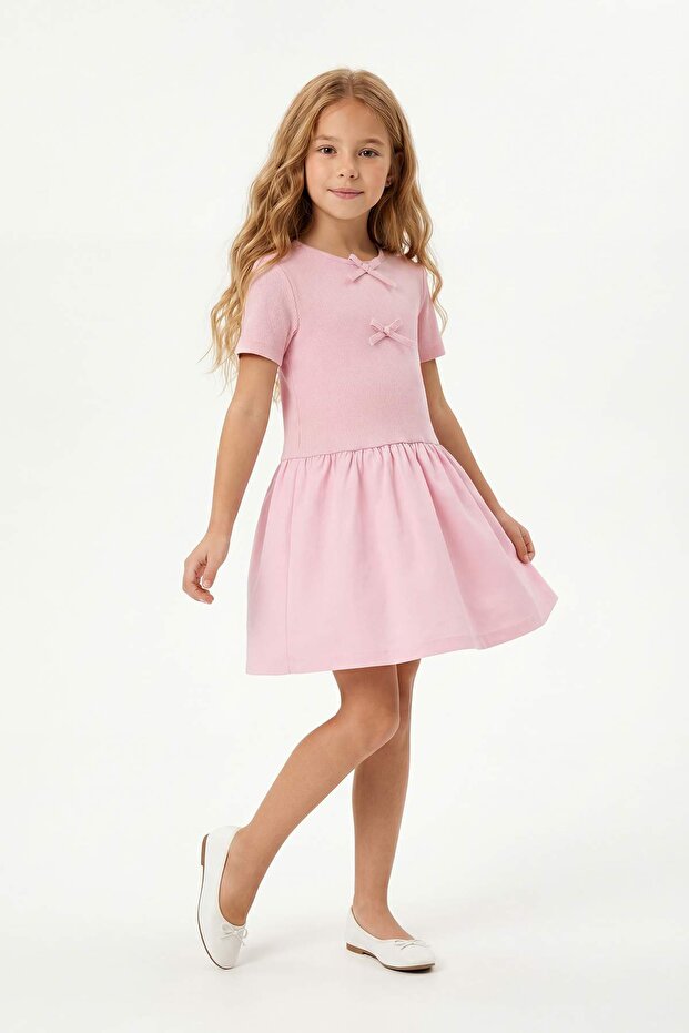 Pembe Kız Çocuk Kısa / Mini Fiyonk Detaylı Düz Örme Elbise TKDSS26EL00014 - 1