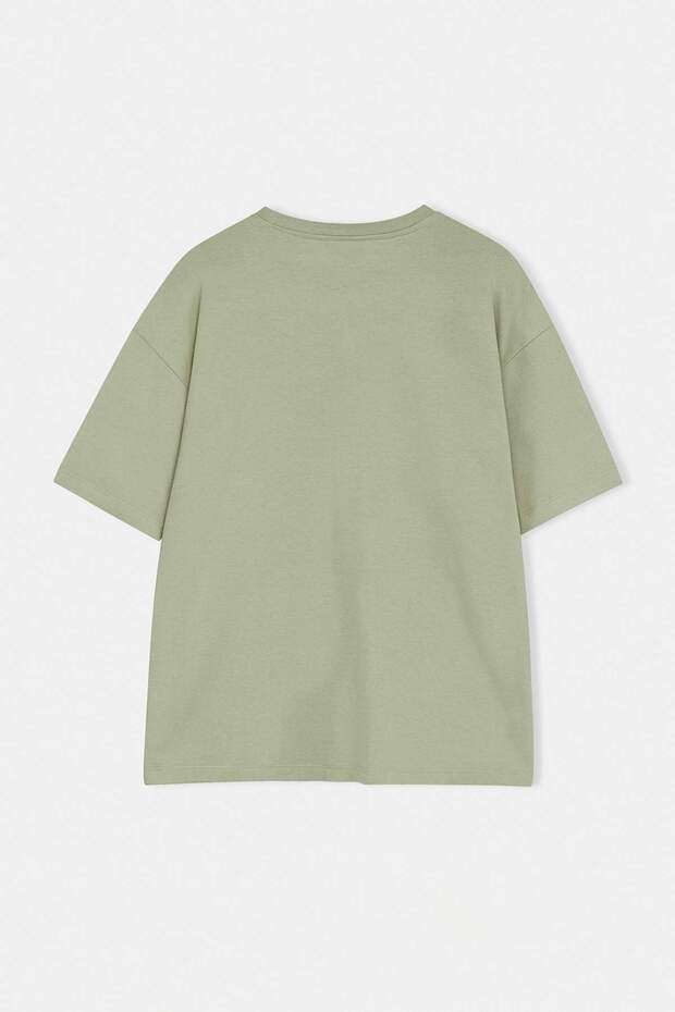 Açık Haki Oversize/Geniş Kesim Nakışlı %100 Pamuk T-shirt TMNSS26TS00024 - 5