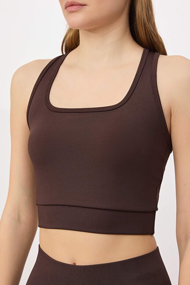 Kahverengi Destekli/Şekillendirici Sırt Detaylı Kalın Askılı Örme Spor Sütyeni TWOSS22SS0040 - 4