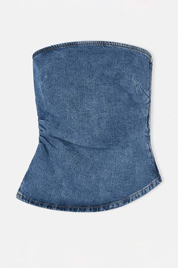 Mavi Straplez Asimetrik Denim Bluz TWOSS26BZ00657 - 5