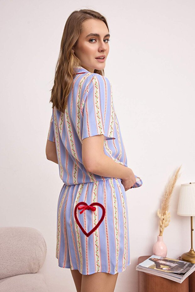 Çok Renkli Çiçekli Kalp Detaylı Viskon Dokuma Pijama Takımı THMSS26PT00144 - 3