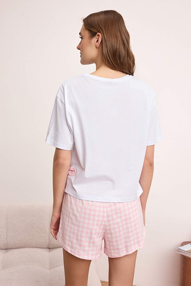 Beyaz-Pembe %100 Pamuklu Ekose Desenli Kurdele Detaylı Örme Pijama Takımı THMSS26PT00099 - 4